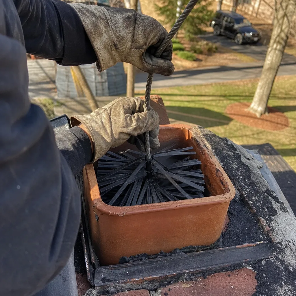Professional chimney sweep cleaning a fireplace flue from the rooftop