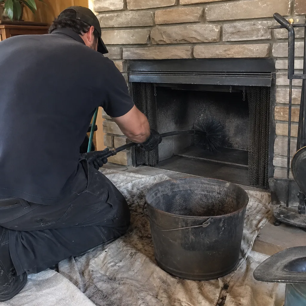 Professional chimney sweep cleaning a stone fireplace with a brush