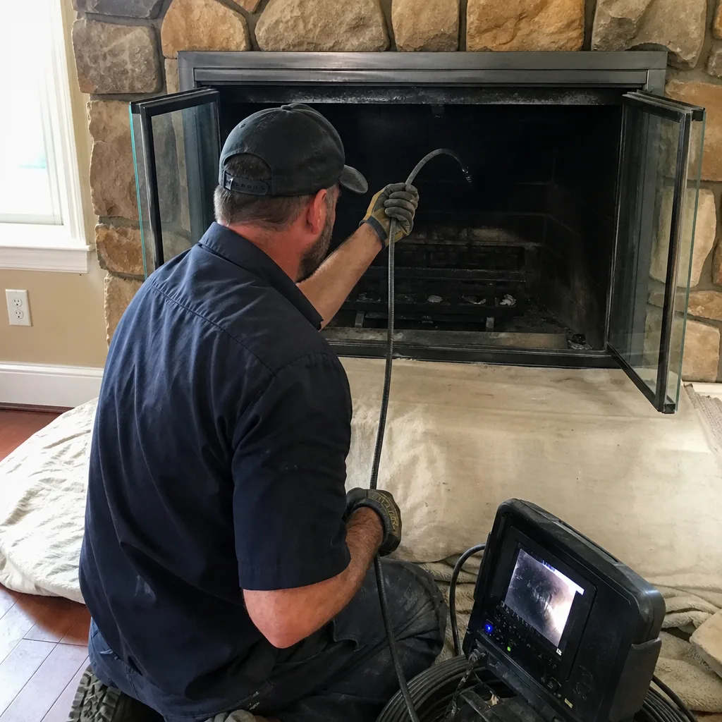 Technician performing a professional fireplace and chimney inspection with camera equipment