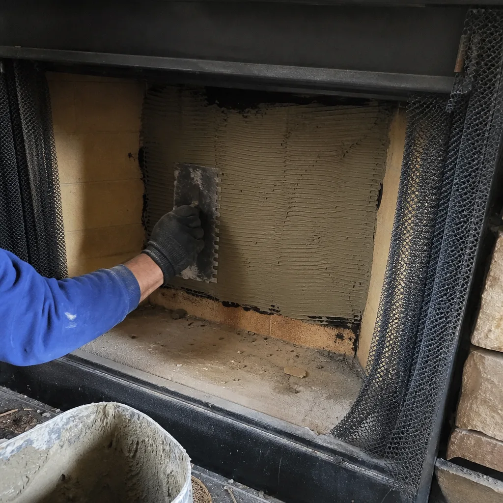 Tradesperson applying mortar with a notched trowel to a fireplace wall